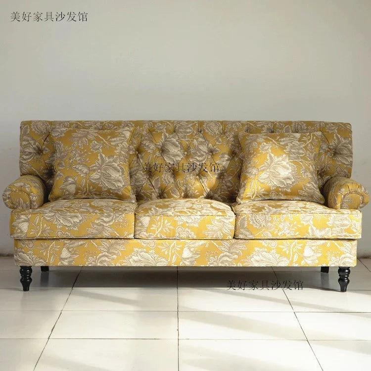 American Single Solid Wood Living Room Sofa Yellow Pastoral Color Pull Buckle Fabric Three-Seat Sofa