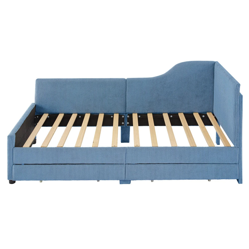 Twin Size Beds, L-Shaped Corduroy Daybed, Upholstered Bed Frame with 2 Storage Drawers, Beds for the Bedroom or Living Room