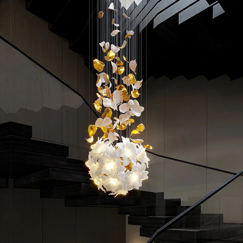 Designer Luxury Loft Chandelier Light Stairscase Living Room Nordic Villa Hotel LED Flower Crystal Copper Hanging Chandelier