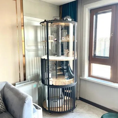 Circular panoramic display of cat furniture, high transparent glass luxury wooden cat house villa pet cage