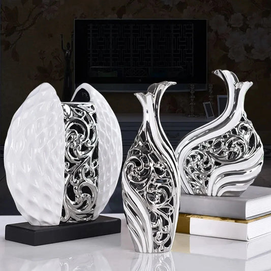 3pcs/set Gold Plated Porcelain Vase Vintage Advanced Ceramic Flower Vase For Room Study Hallway Home Wedding Decor With Flower