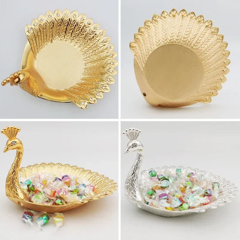 Pretty Gold Peacock Fruit Plate Luxury Zinc Alloy Tray Delicate Storage Plate for Candy Trinket Jewelry Snack Serving Home Decor