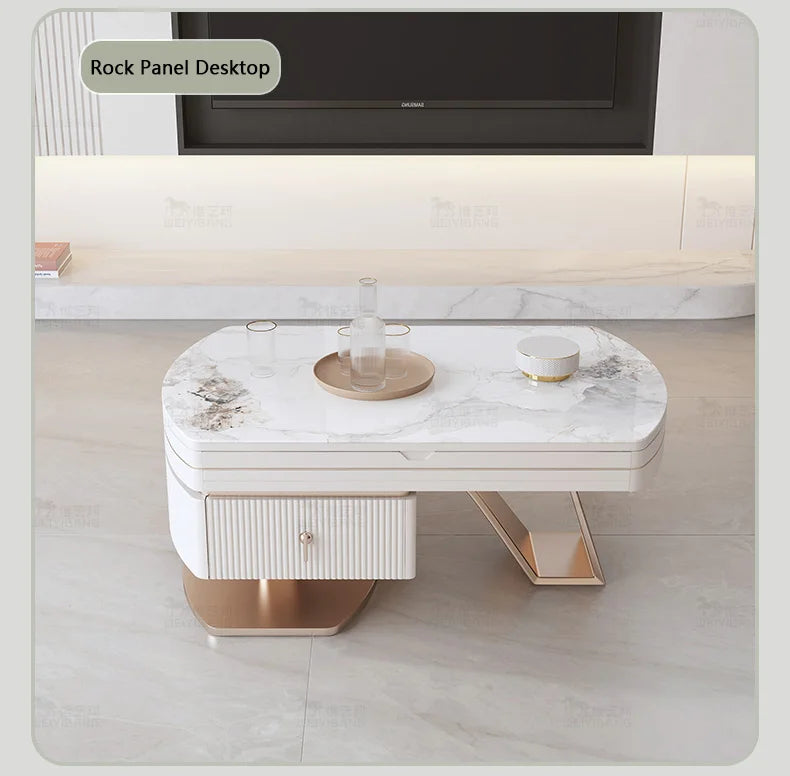 Light Luxury Rock Slate Coffee Table Modern Simple Round Telescopic Living Room Household Small Cream Wind Coffee Table