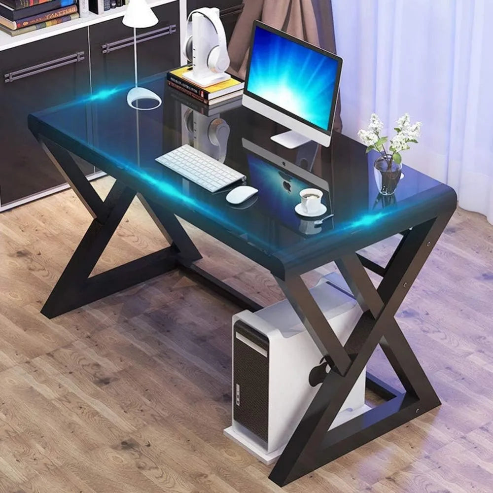 SAMERY Computer Desk Home Office Desks, 55.1 Inch Modern Simple Office Black Glass Desk Computer Table Study Gaming Writing