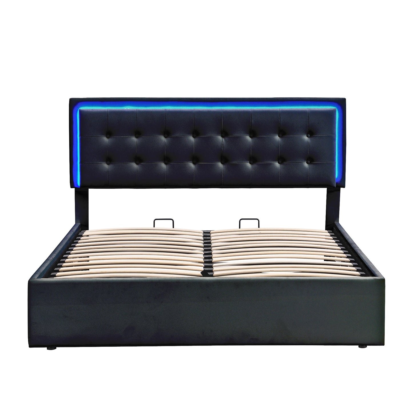 Queen Size Tufted Upholstered Platform Bed with Hydraulic Storage System, LED Lights, Black  82.70x66.50x45.30 in.