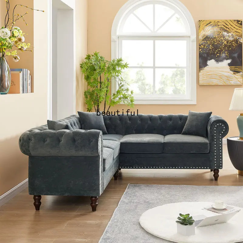 Tufted Upholstered Roll Arm Luxury Classic Chesterfield L-shaped Sofa 3 Pillows Included, Solid Wood Gourd Legs