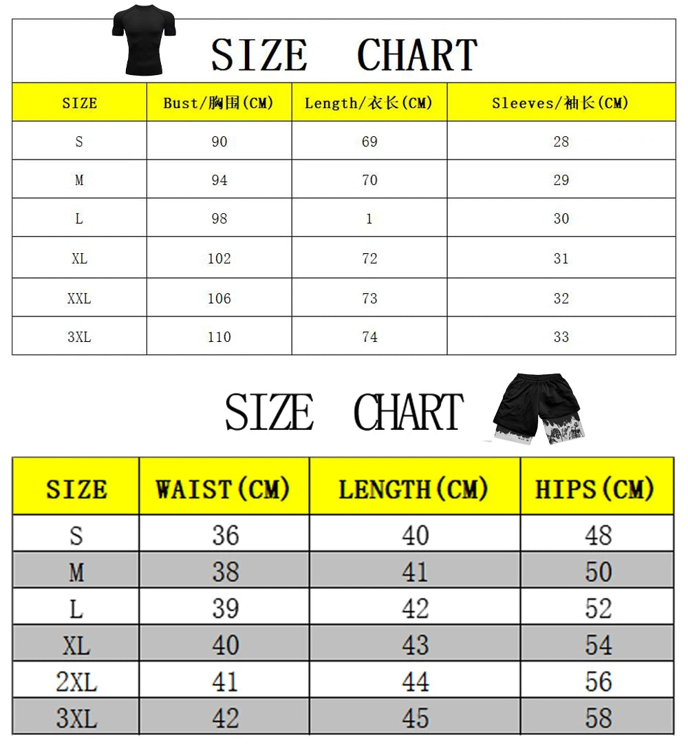 Men's Compression Suit Sports Fitness Quick Drying Suit Tight Short Sleeved Anime Double Layer Shorts Summer