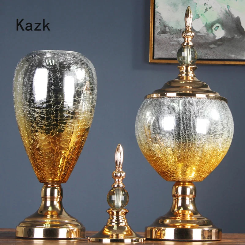 European Style Crystal Glass Vase Light Luxury Modern Crack Texture Ikebana Decorative Storage Jar Crafts Living Room Decoration