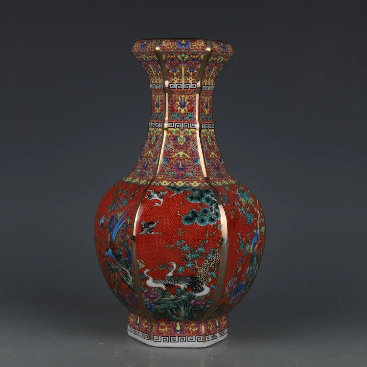 Qianlong Enamel Orange Flower And Bird Hexagonal Vase Antique Jingdezhen Porcelain Home Chinese Decoration