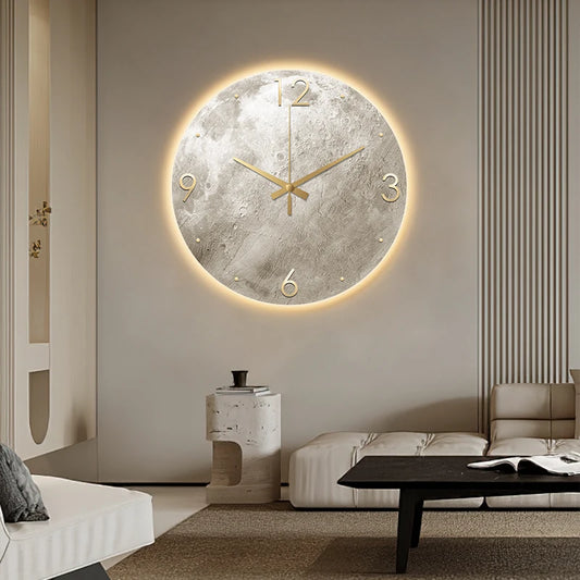 Modern Minimalist Wall Clock Living Room Clock Moon Sandstone Painting Home Fashion Restaurant Ideas LED Light Wall Decoration