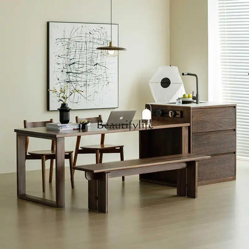 Nordic Black Walnut Kitchen Island Dining Table Integrated with Embedded Sink All Solid Wood Dining Room Furniture