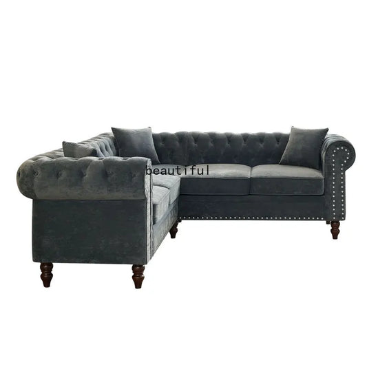 Tufted Upholstered Roll Arm Luxury Classic Chesterfield L-shaped Sofa 3 Pillows Included, Solid Wood Gourd Legs