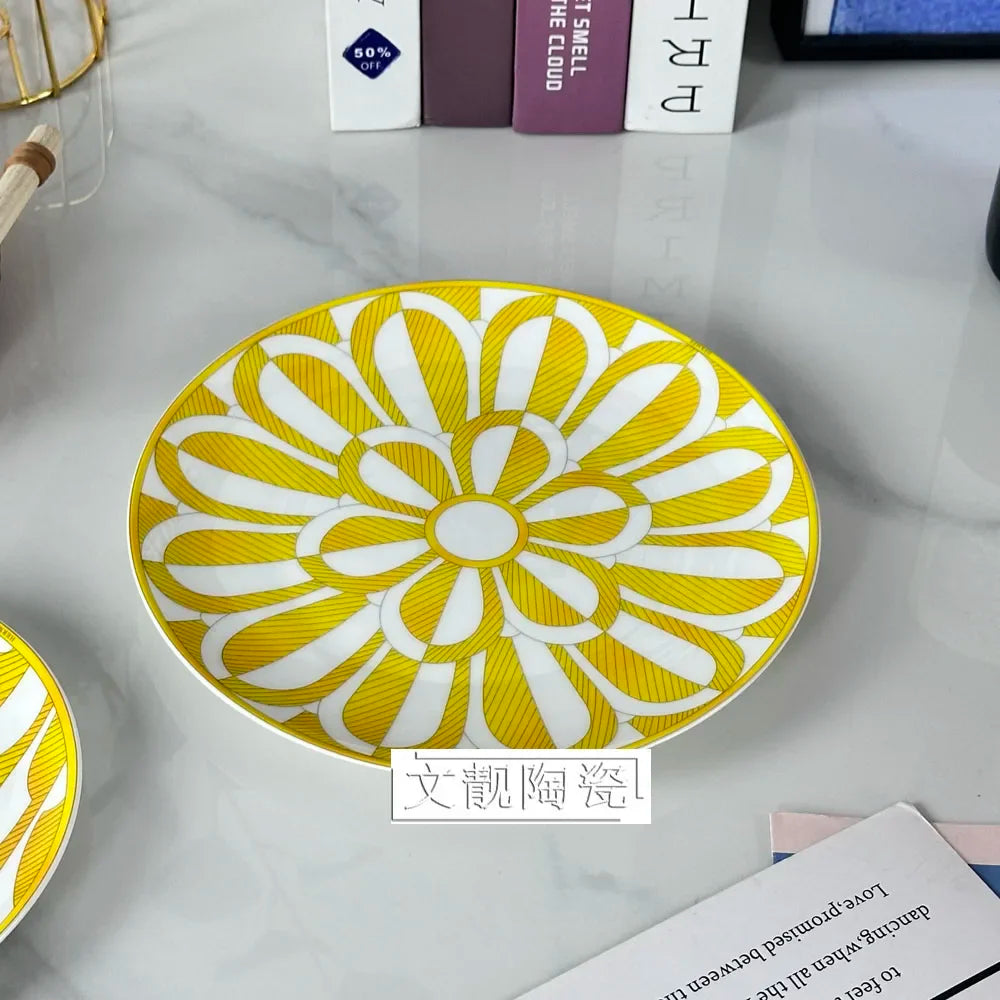 European Ceramic Display Plate Yellow Fashion Style Light Luxury Atmosphere Steak Dinner Plate Bone China Soup Bowl Gift Set