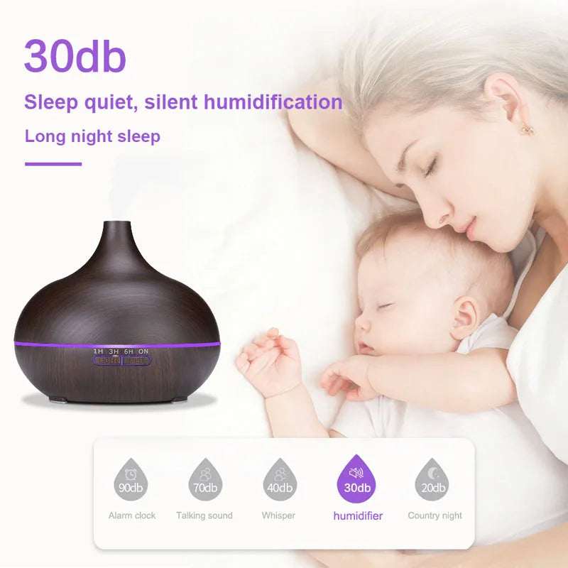 550ml Aromatherapy Essential Oil Diffuser with Remote Control Wood Grain Ultrasonic Air Humidifier Cool Mister 7 Color LED Light