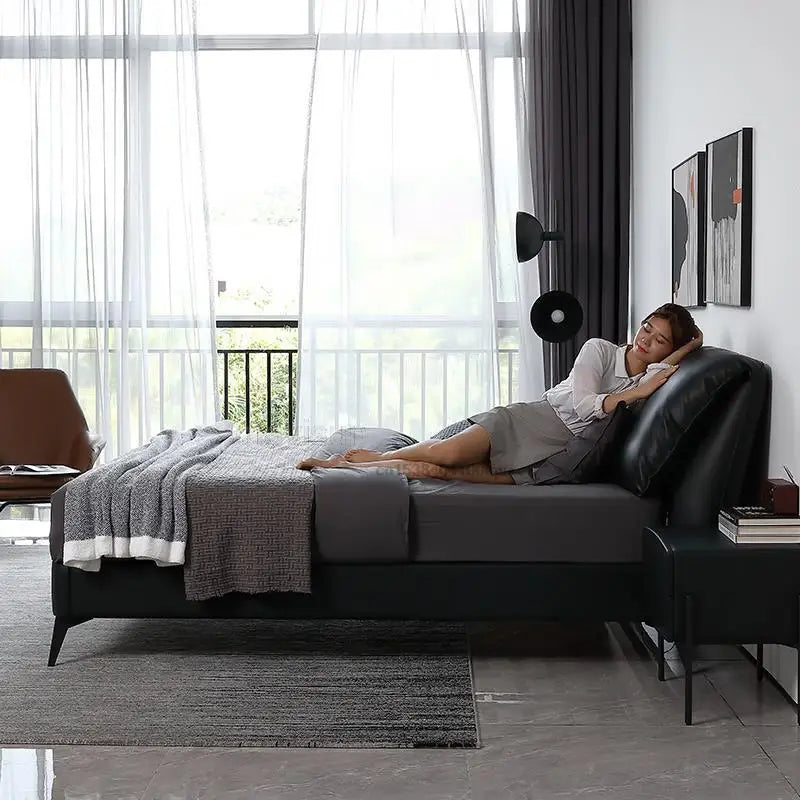 Nordic Leather Bed For Small Apartment 1.8 Meters Contemporary Minimalist Black Soft And Comfortable Double Master Wedding Bed