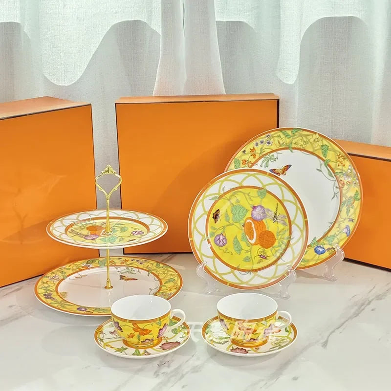 European Style Western Cuisine Plate Coffee Set Double-Layer Dessert Fruit Plate Pastoral Style Harvest Fruit Series Tableware