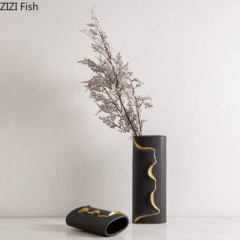 Minimalist Gold-plated Ceramic Vase Creativity Flower Pots Decorative Flower Arrangement Black Porcelain Vases Nordic Home Decor