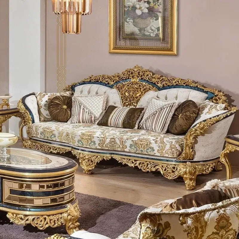 Custom made Italian solid wood sofa, luxurious cloth art, European Court coffee table, original wood flower carving process