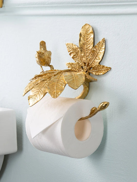 Solid Brass Light Luxury Elegant Brass Bird Roll Paper Holder Vintage Bathroom Tree Trunk Wall Hanging Toilet Paper Holder