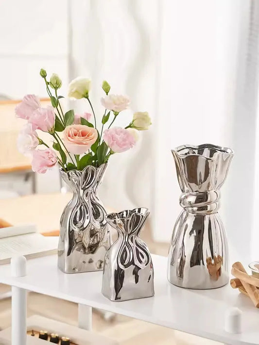 Premium Feeling Simple Silver Plated Ceramic Vase Living Room Table Creative Flower Arrangement Flower Holder