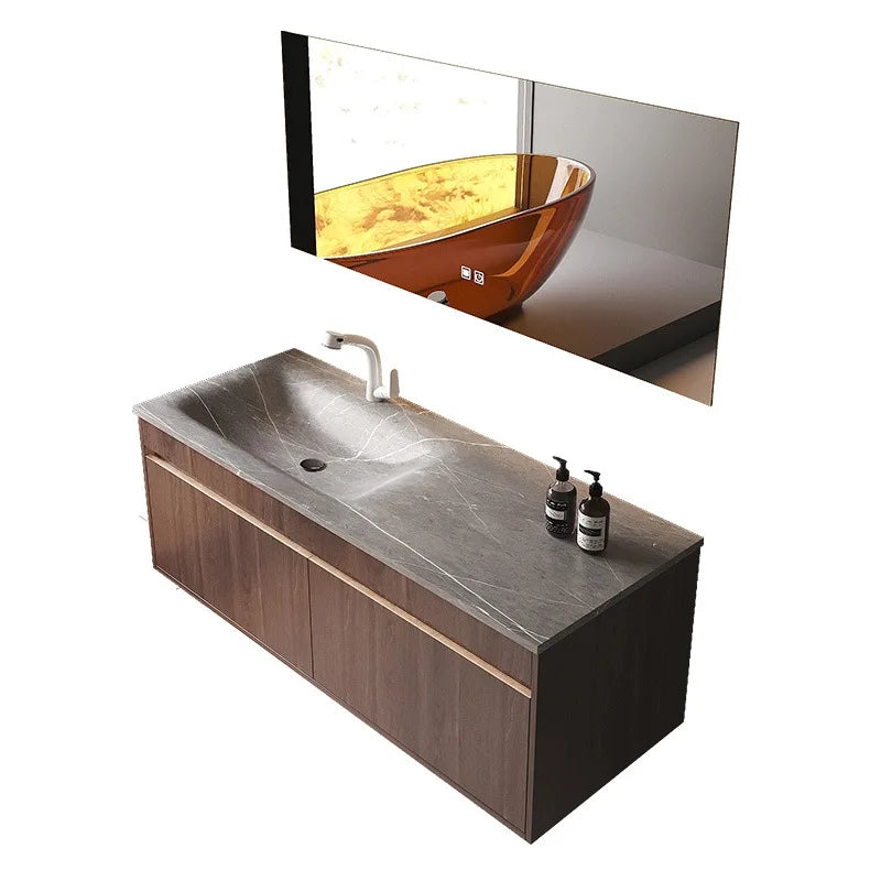 Light Luxury Bathroom Cabinets Rock Slab Integrated Washbasin Modern Solid Wood Bathroom Sink Cabinet Vanity Bathroom Furniture