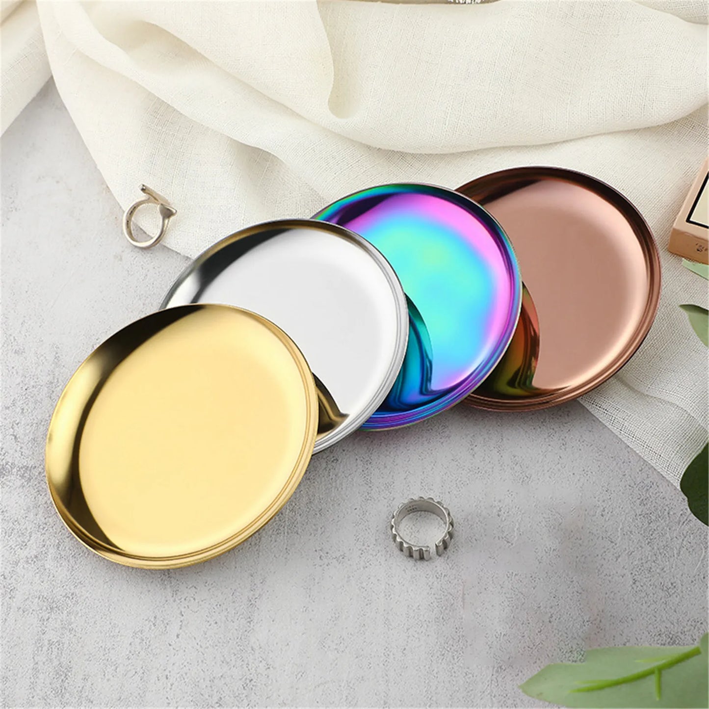 Light Luxury Storage Tray Stainless Steel Circular Small Jewelry Tray Dormitory Cosmetics Plate Decoration New Home Ornaments