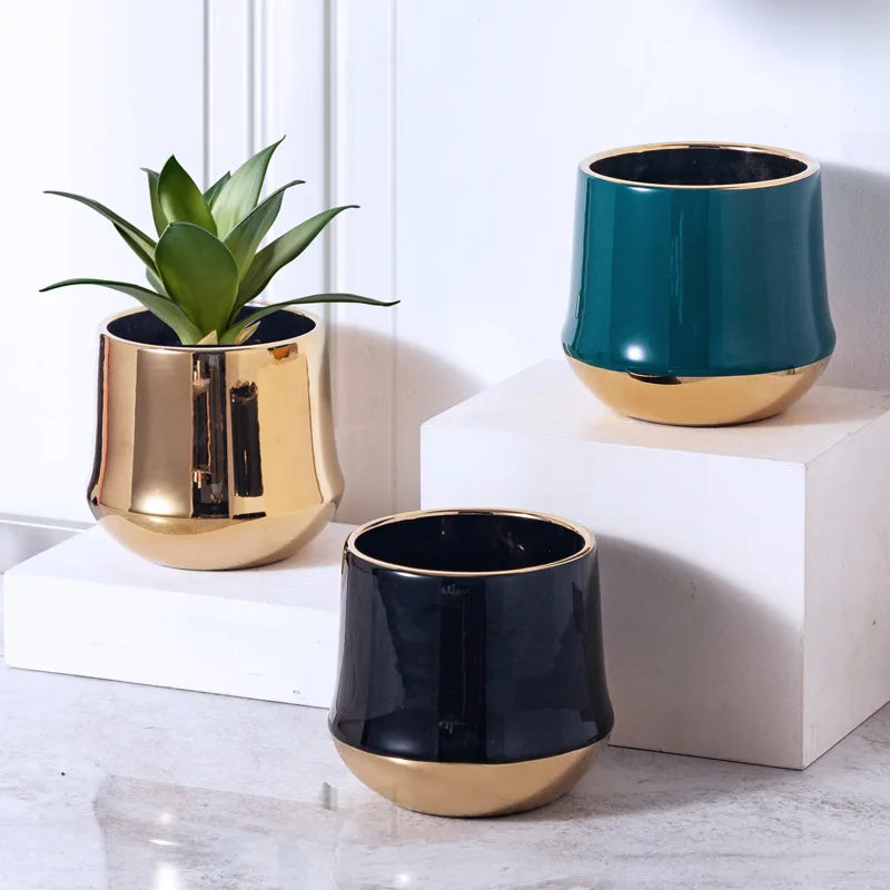 Electroplating Golden Ceramic Flower Pot Creative Flower Arrangement Pot Container Light Luxury Phnom Penh Dried Flower Ornament