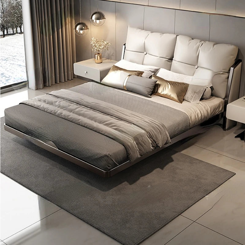 Italian minimalist suspension bed, down upholstery, master bedroom, high-end double leather wedding bed