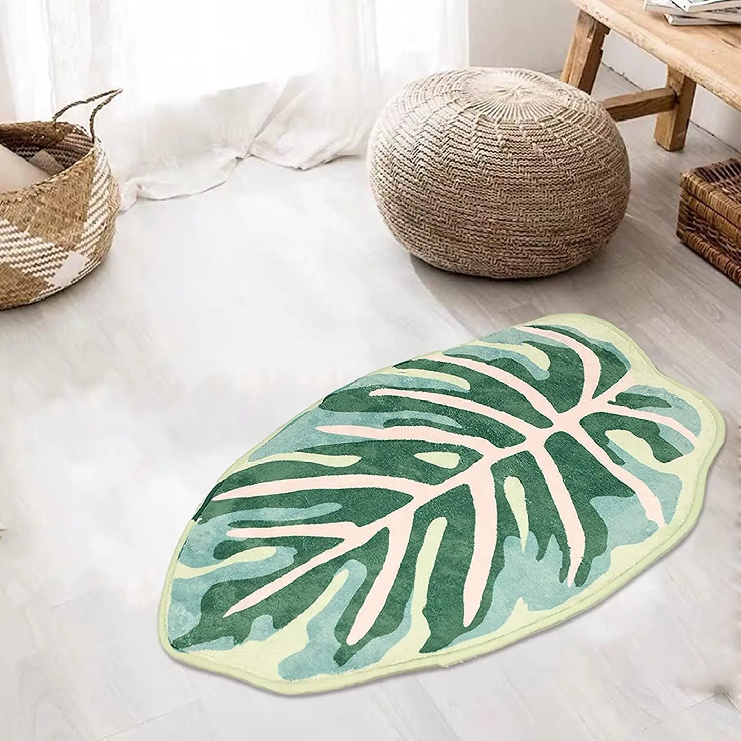 Inyahome Leaves Velveteen Green Bath Mat Non-Slip Soft Bathroom Rugs Luxury Microfiber Bath Rug Machine Washable Door Carpet