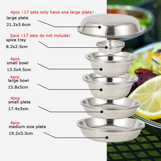 Outdoor 17/22Pcs Picnic Camping Stainless Steel Dinner Dish Plate Set Durable Tableware Salad Bowl Food Container Travel