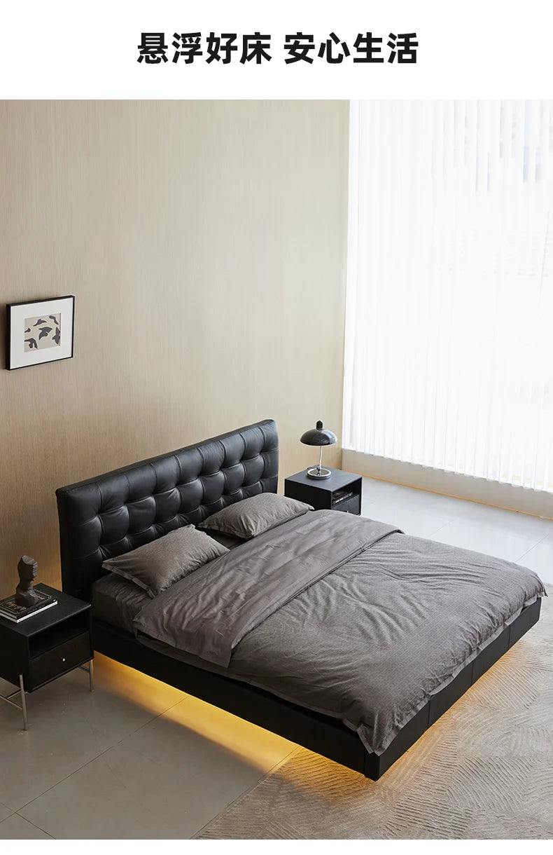 Genuine leather bed, home bedroom, master bedroom, high-end grand leather bed, modern and simple cowhide double suspended bed