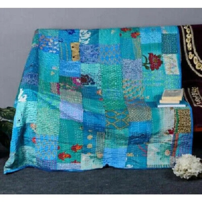 Blue Patchwork Quilt Handmade Kantha Vintage Throw Cotton Bedspread Blanket