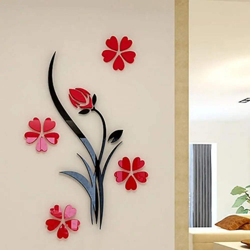 New Retro Vase Flower Tree Pattern DIY Home Room TV Decor Arcylic 3D Wall Sticker Red