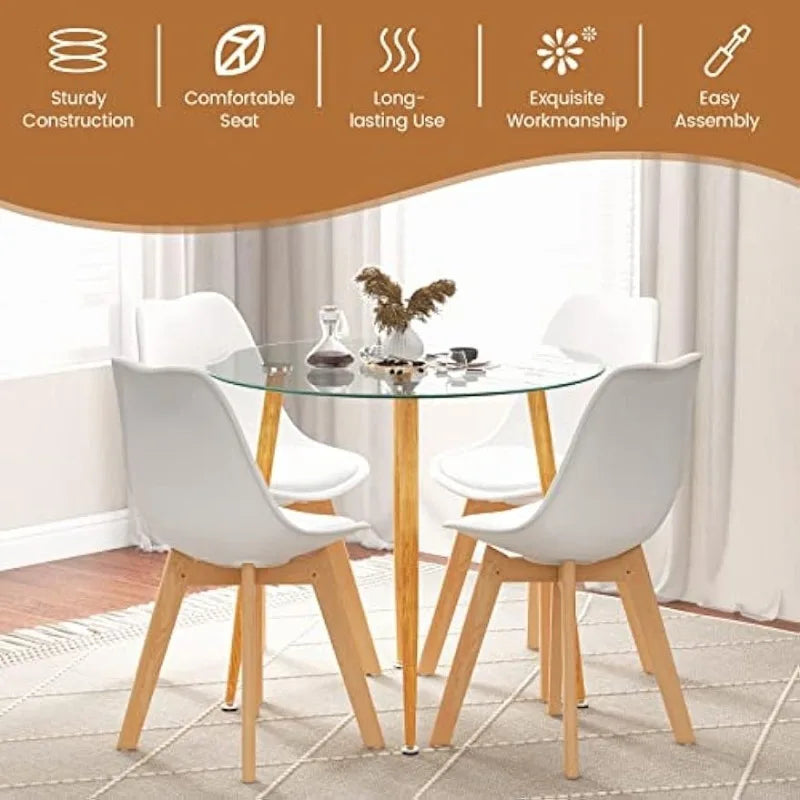 Dining Table Set for 4, Modern 5-Piece Dining Room Set w/ 1 Round Tempered Glass Table & 4 High Back Chairs, 3 Pack