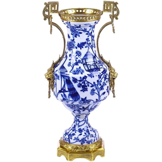 Most Popular New Design Luxury Antique Bronze Ceramic Home Decoration Brass and Blue and White Porcelain Vases