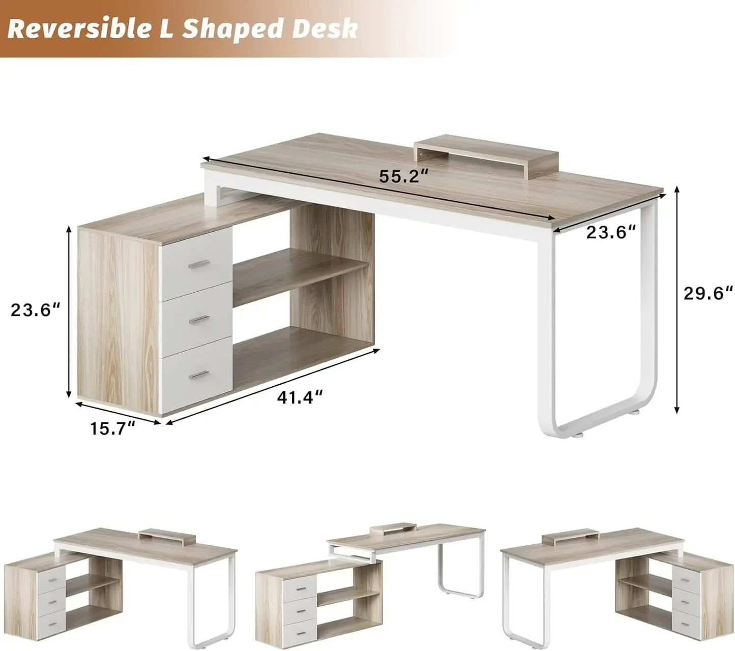 HOMBCK Home Office Computer Desk with 3 Drawers and Storage Shelves, 55 Inch Large L Shaped Desk with Drawers & Removable Monito