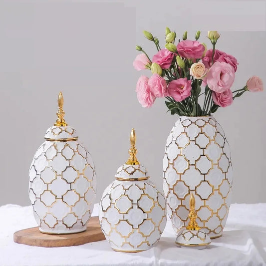 Luxury Electroplated Gold Plaid Ceramic General Jar Artwork Storage Jar Hotel Display Vase Home Decoration Dry Flower Vase