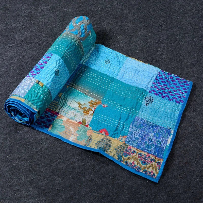 Blue Patchwork Quilt Handmade Kantha Vintage Throw Cotton Bedspread Blanket