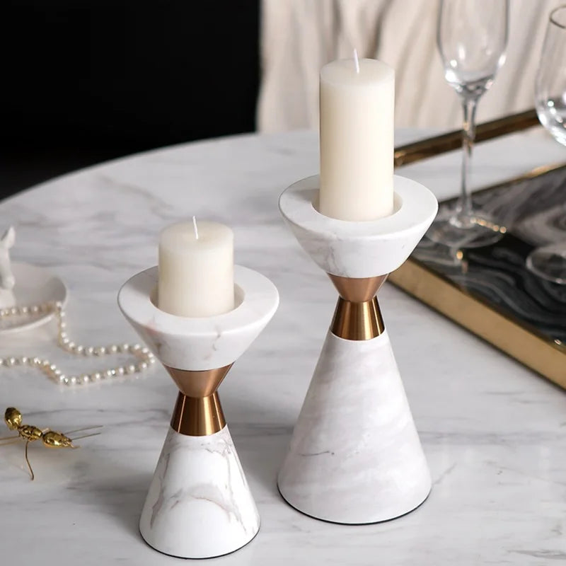 Scandinavian Volakos White Natural Marble Candlestick for Wedding Luxury Golden Metal Candlesticks for Candles