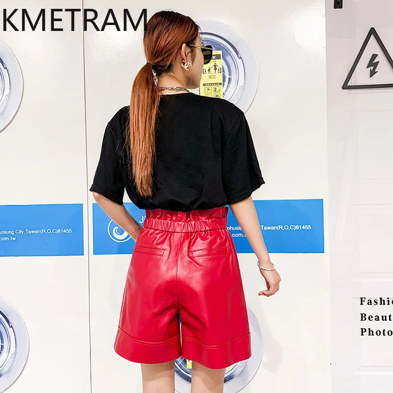 KMETRAM Sheepskin Real Leather Shorts Autumn Winter Women's Shorts High Waist Loose Trousers A-line Shorts Women Шорты Женский