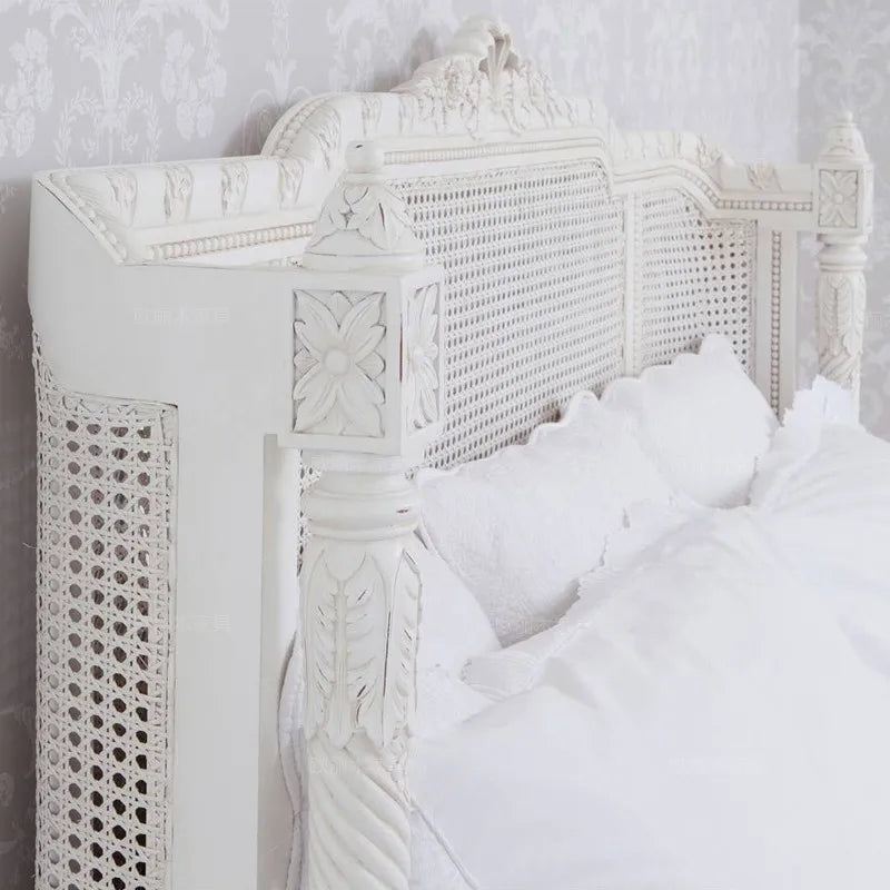 Antique white rattan bed bedroom furniture retro solid wood double bed