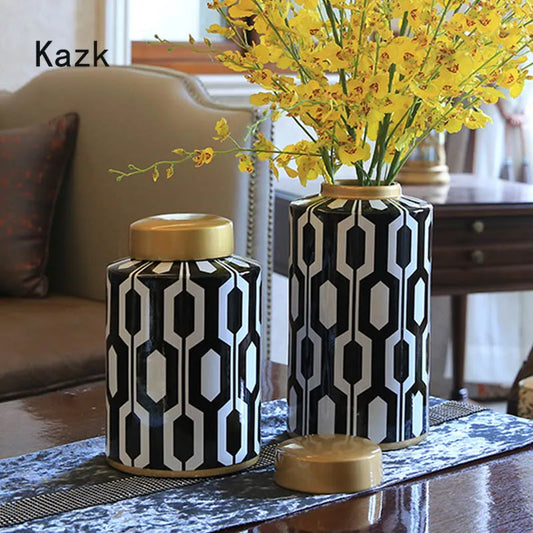 American Style Black White Vase Storage Jar Nordic Light Luxury Desktop Ikebana Dried Flower Vases Home Living Room Decoration