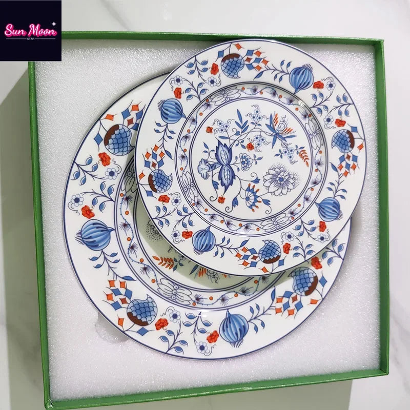 European Blue Flower Handmade Ceramic Two Piece Set Dining Plate Household Disk Gift Restaurant Dining Plate Luxury Set