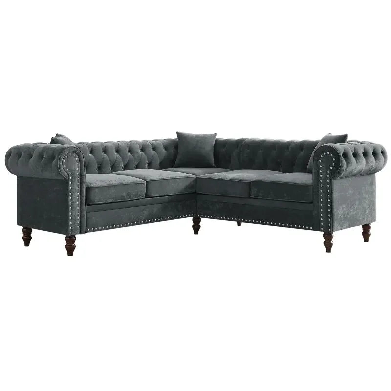 Tufted Upholstered Roll Arm Luxury Classic Chesterfield L-shaped Sofa 3 Pillows Included, Solid Wood Gourd Legs