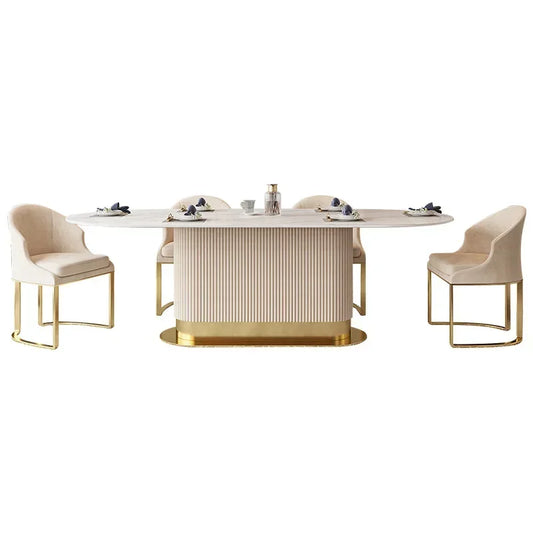 Modern Simple Glossy Rock Plate Dining Table And Chairs Set Oval Household Small French Cream Wind Dining Table