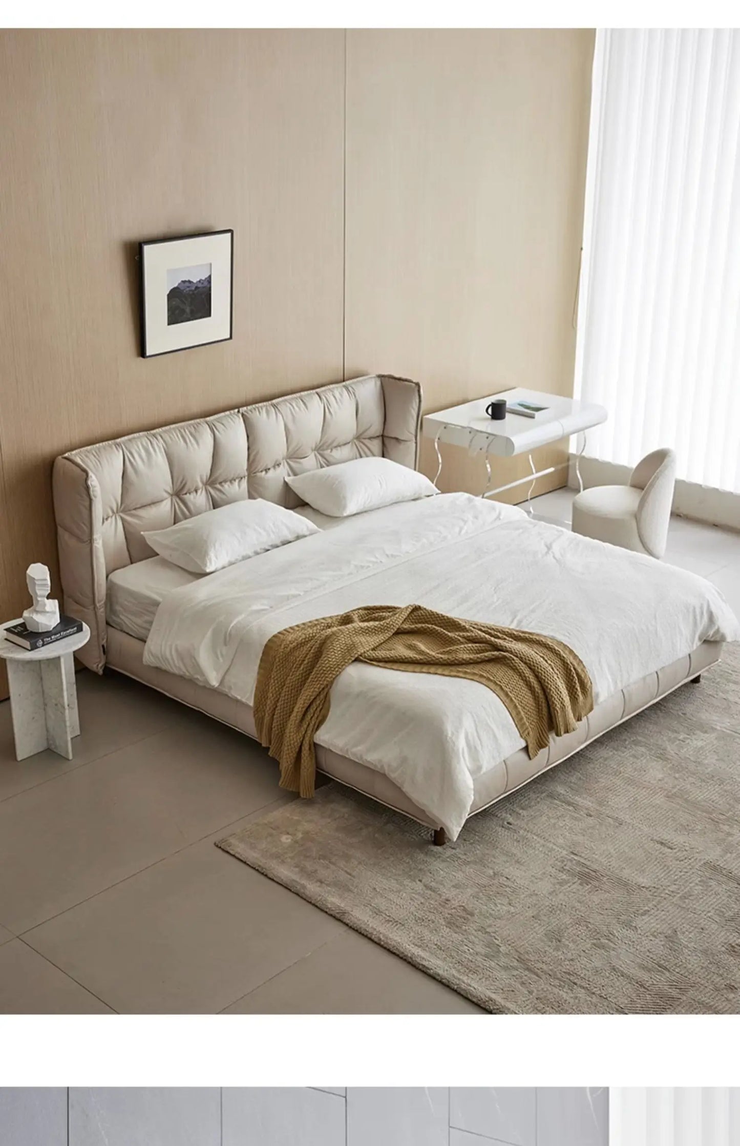 Luxury modern full leather bed, master bedroom, king bed, high-end grand double bed, simple pull point design, leather bed