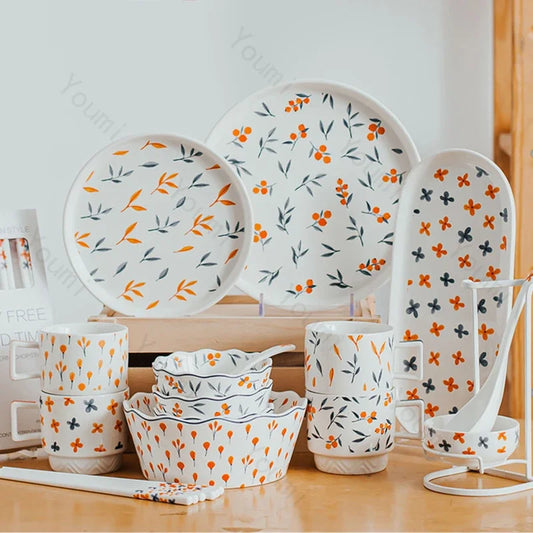 Retro Small Flowers Ceramic Plate Set Light Luxury Hotel Restaurant Steak Pasta Plates Exquisite Home Delicious Dishes Soup Bowl