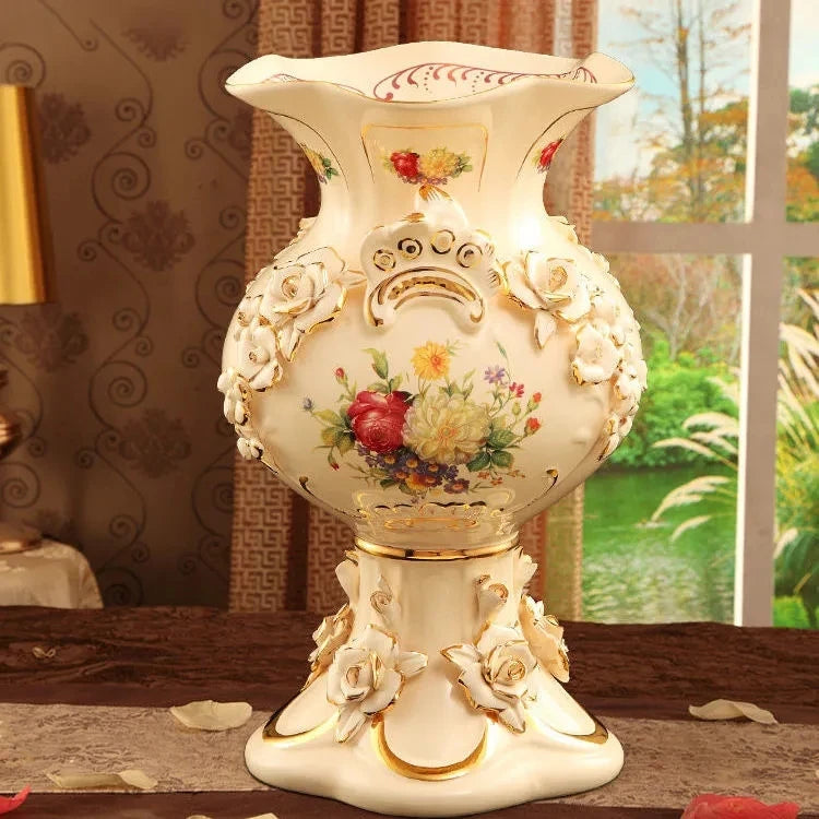 Luxury European Ceramic Vase Stereoscopic Dried Fowers Arrangement Wobble Plate Living Room Entrance Ornaments Home Decorations