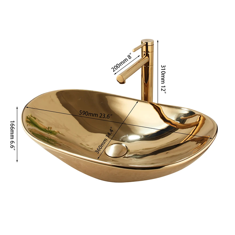 Torayvino Luxury Golden Polished Bathroom Ceramic Lavatory Bath Combined Mixer Washbasin Vessel Sink Faucets Set W/ Pop Drain