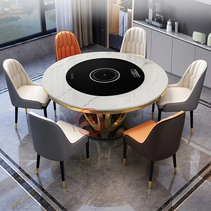 Light Luxury Rock Plate Round Dining Table Chair Combination Embedded Electric Turntable Table Mesa Comedor Home Furniture